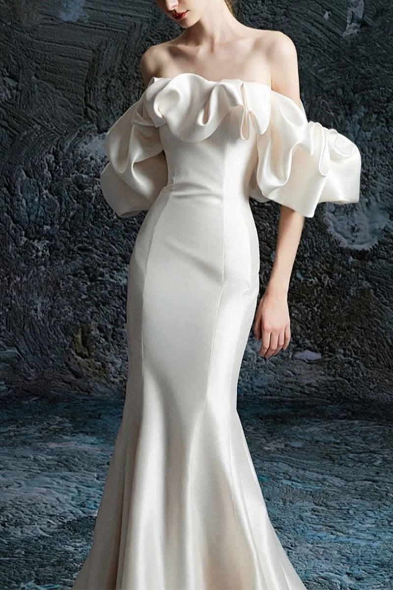Trumpet-Mermaid Sweep-Brush Train Satin Wedding Dress 738277008321 - COCOMELODY