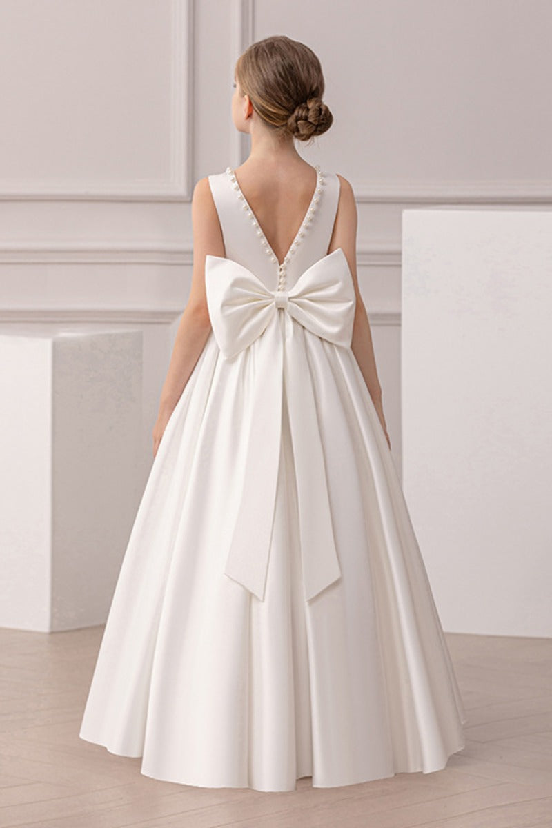Satin Pearl Trim Deep V-Back Bow Floor Length Flower Girl Dresses 912220986900
