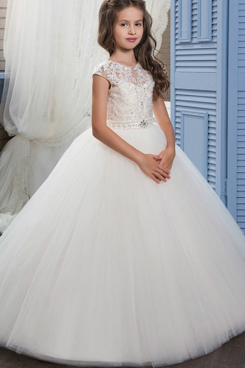 A-Line Illusion Neck Off The Shoulder Sleeves Tulle Sweep-Brush Train Flower Girl Dresses 654966166039