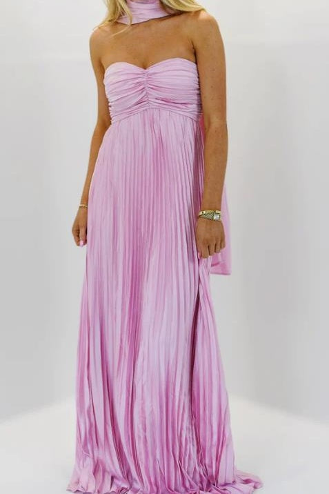 A-Line Spandex Satin Maxi Formal Dress Pleated Strapless Wedding Guest Dress COCOMELODY 937501662612