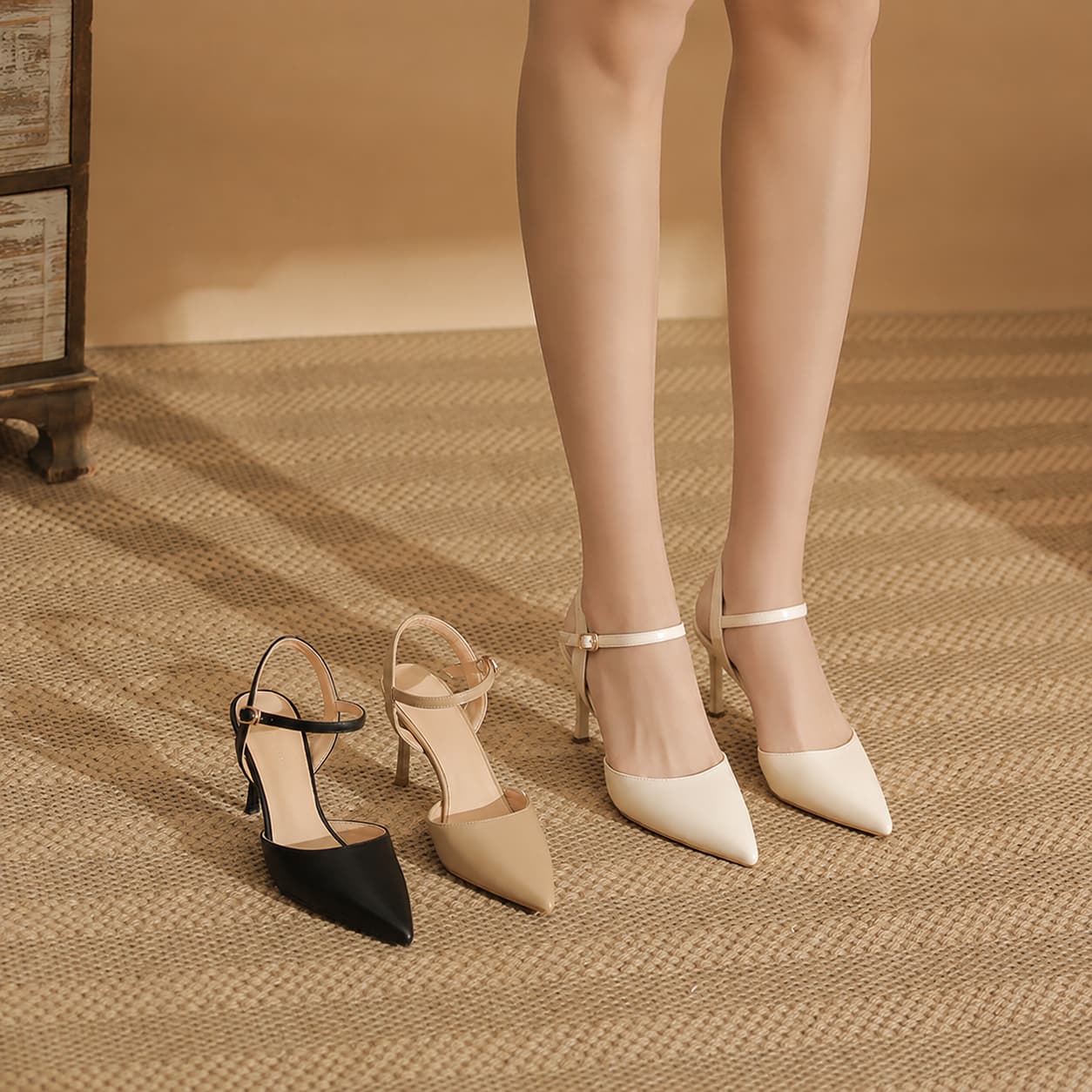 Elegant Pointed Toe Slingback Heels with Delicate Ankle Strap Shoes 771508437933
