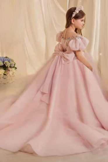 A-Line Puff Sleeves Sweep-Brush Train Illusion Flower Girl Dresses 769681401101