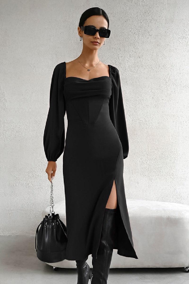 Square collar puffy sleeve cocktail dress 753485229390 - COCOMELODY