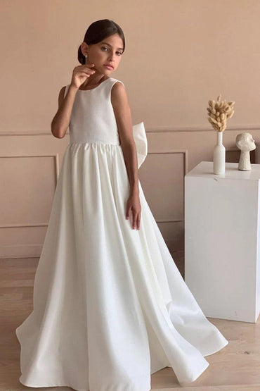 Elegant Satin V-Back Bow Sweep-Brush Train Flower Girl Dresses 985833041393 - 7 Days / Ivory / 130cm - COCOMELODY