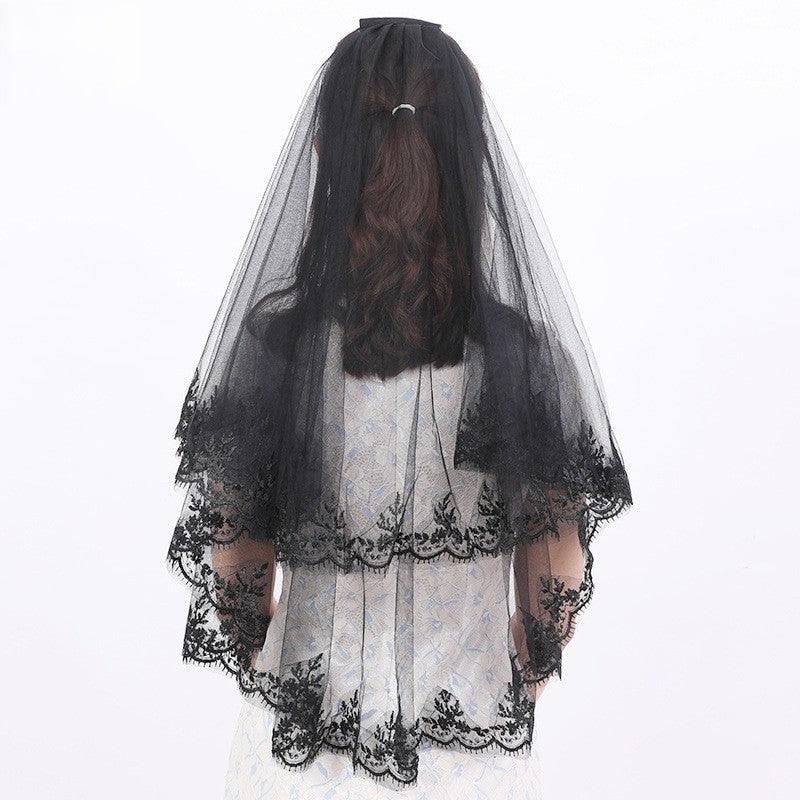 Short double comb Halloween black headdress lace veil 652118383139 - COCOMELODY