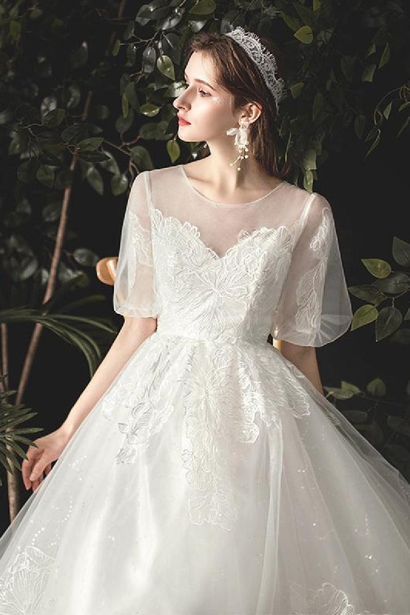 A-Line Floor Length Lace Sparkle Tulle Wedding Dress 679817491233 - COCOMELODY