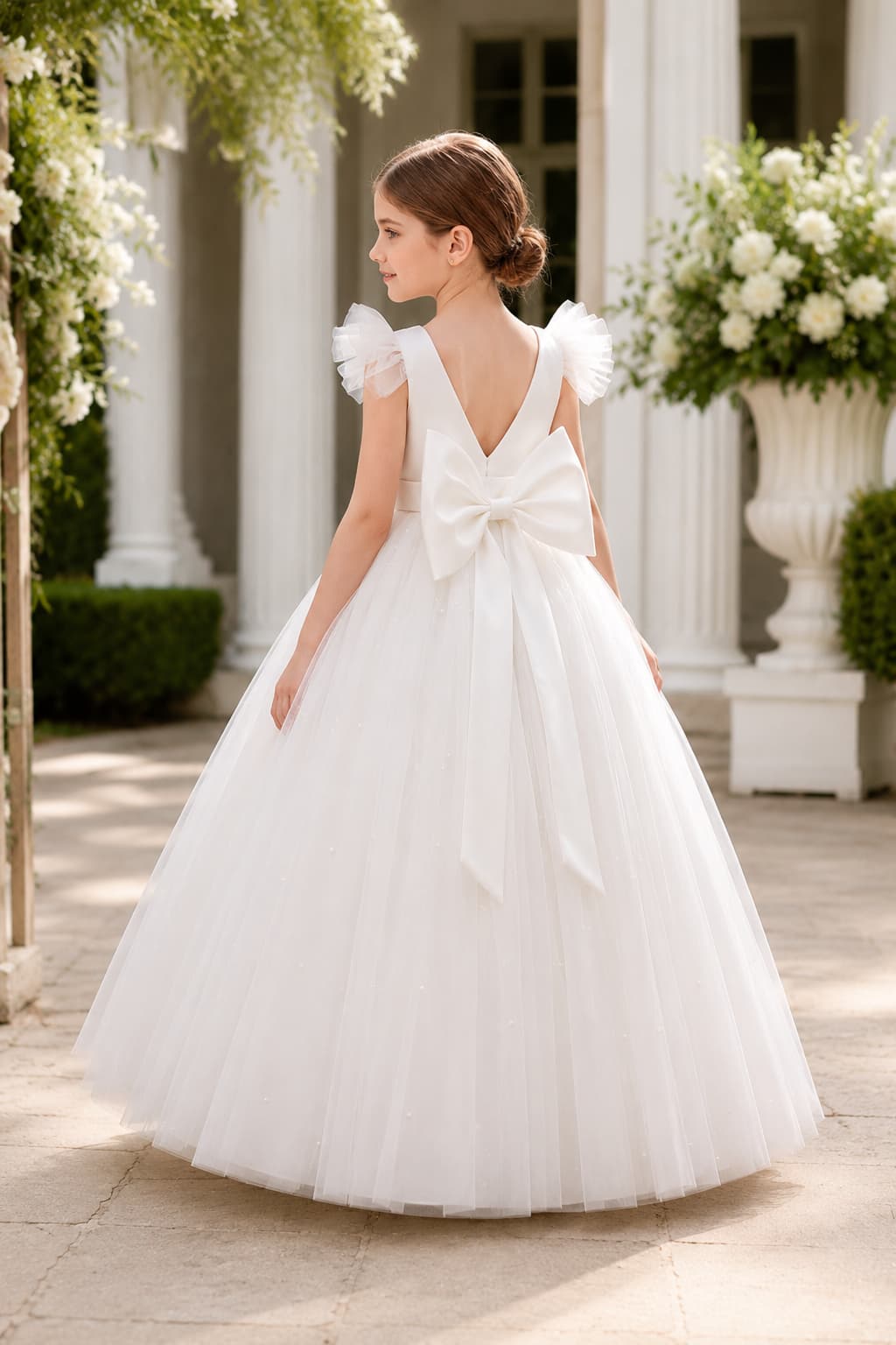 Tulle Flutter Cap Sleeves Big Bow Floor Length Flower Girl Dresses 907809929481