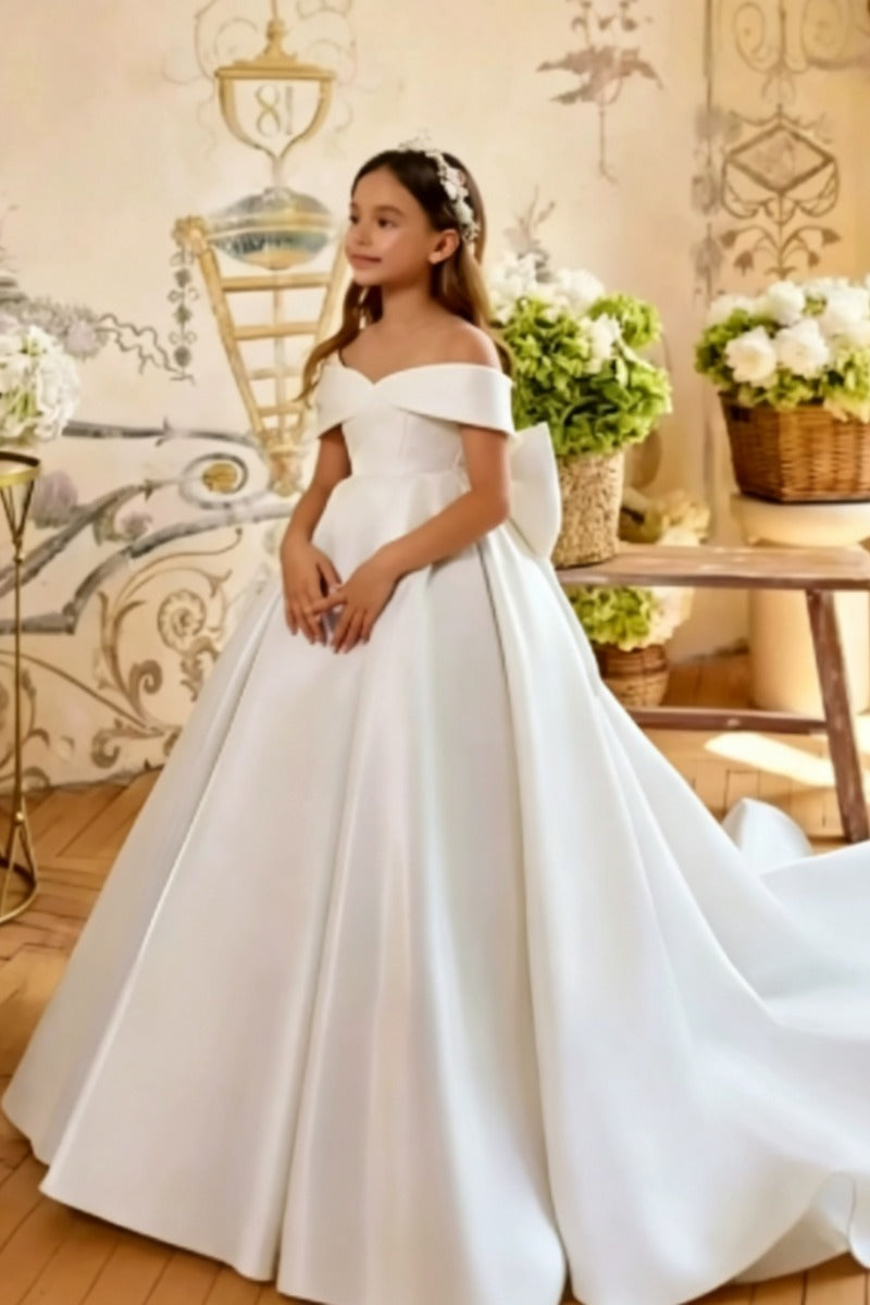 A-Line Off-Shoulder Satin Sweep-Brush Train Flower Girl Dresses 995911629571
