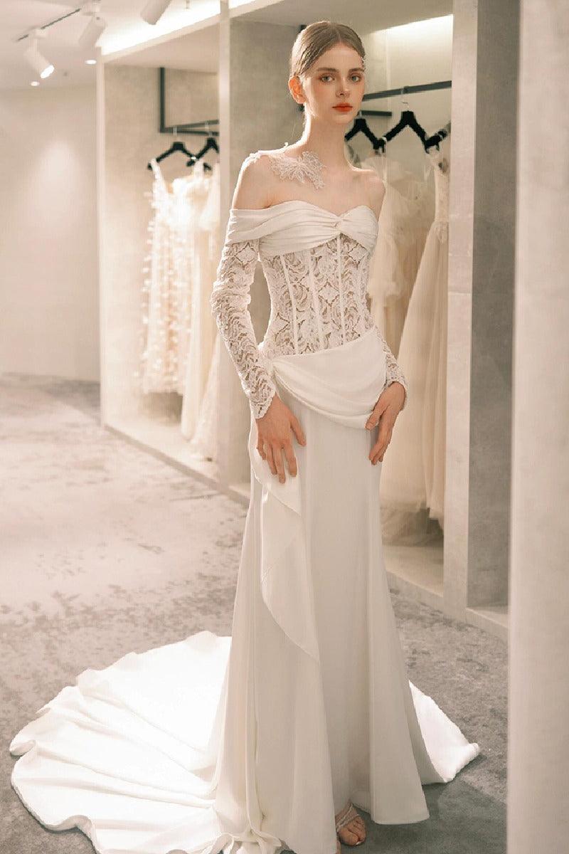 Sheath-Column Court Train Lace Satin Wedding Dress 818657898360 - COCOMELODY