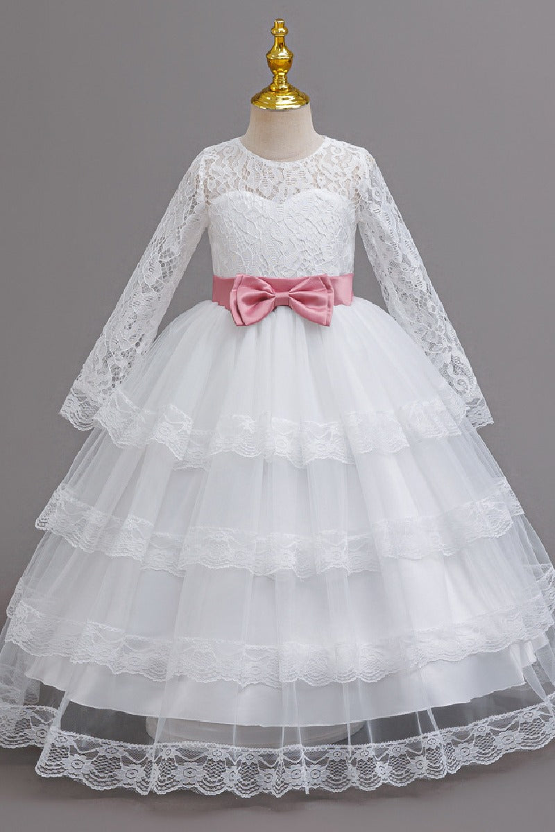 A-Line Long Sleeve Illusion Neck Tiered Lace Tulle Floor Length Flower Girl Dresses 1050524780369