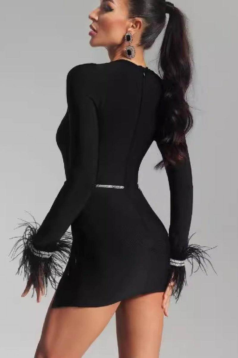 Feathered long sleeve little black dress bandage cocktail dress 799166656038 - COCOMELODY
