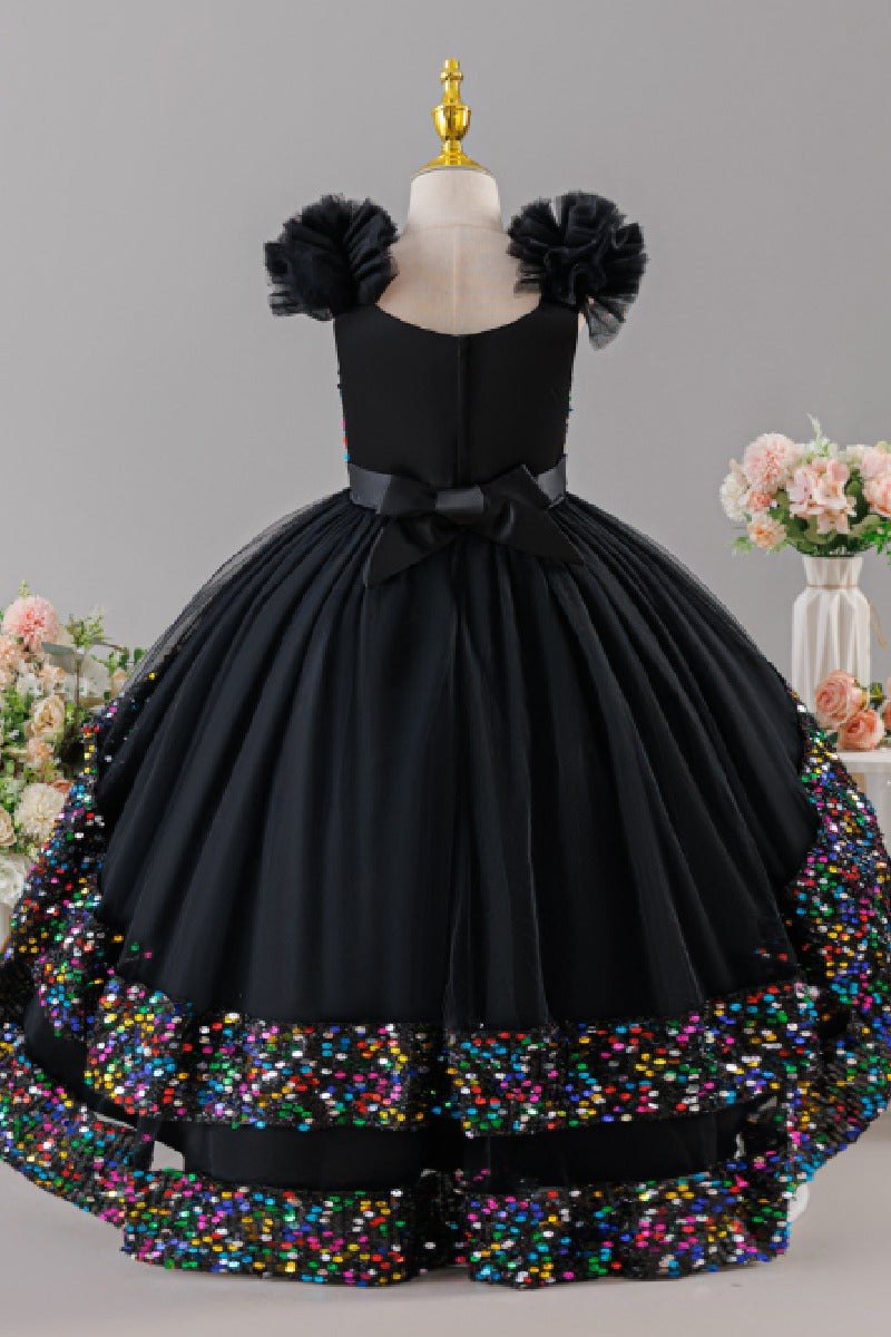 Ruffled Flutter Shoulder Sequin Ruffled Trim Bodice Tulle High-Low Flower Girl Dresses 1029823265576