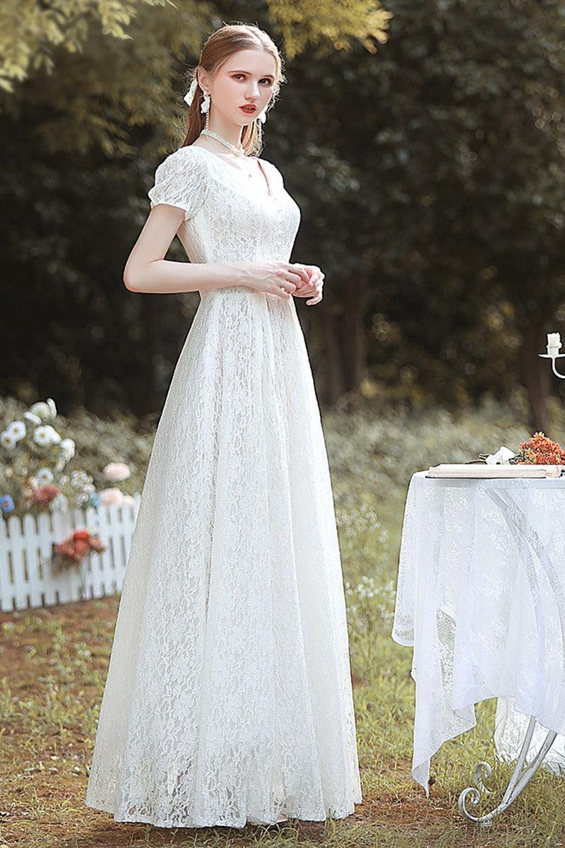 A-Line Floor Length Lace Wedding Dress 660344408093 - COCOMELODY