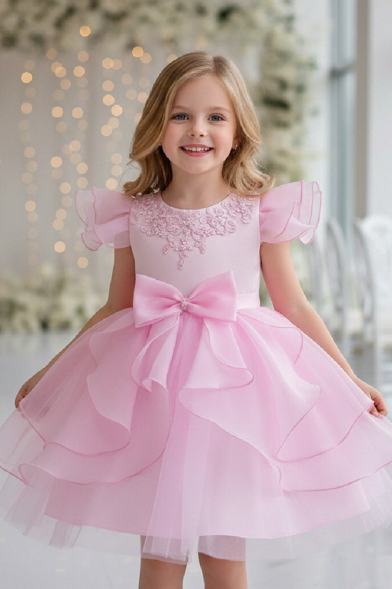 Short Flutter Sleeve Organza Knee Length Flower Girl Dresses 1028919378818