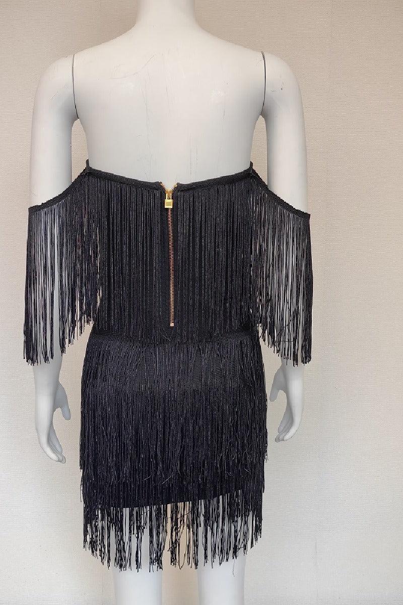 Black bandage dress with shoulder fringe V lead party dress 833532591051 - COCOMELODY