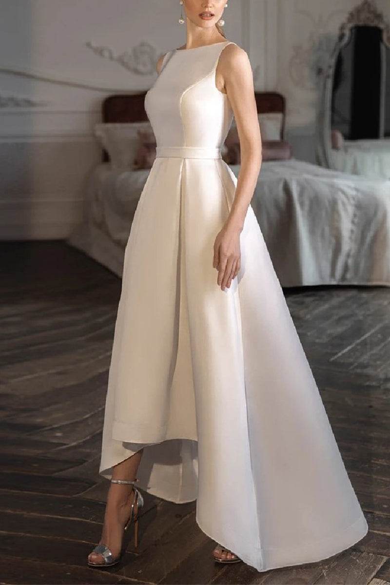 A-Line High-Low Satin Little White Dress 100047 - COCOMELODY