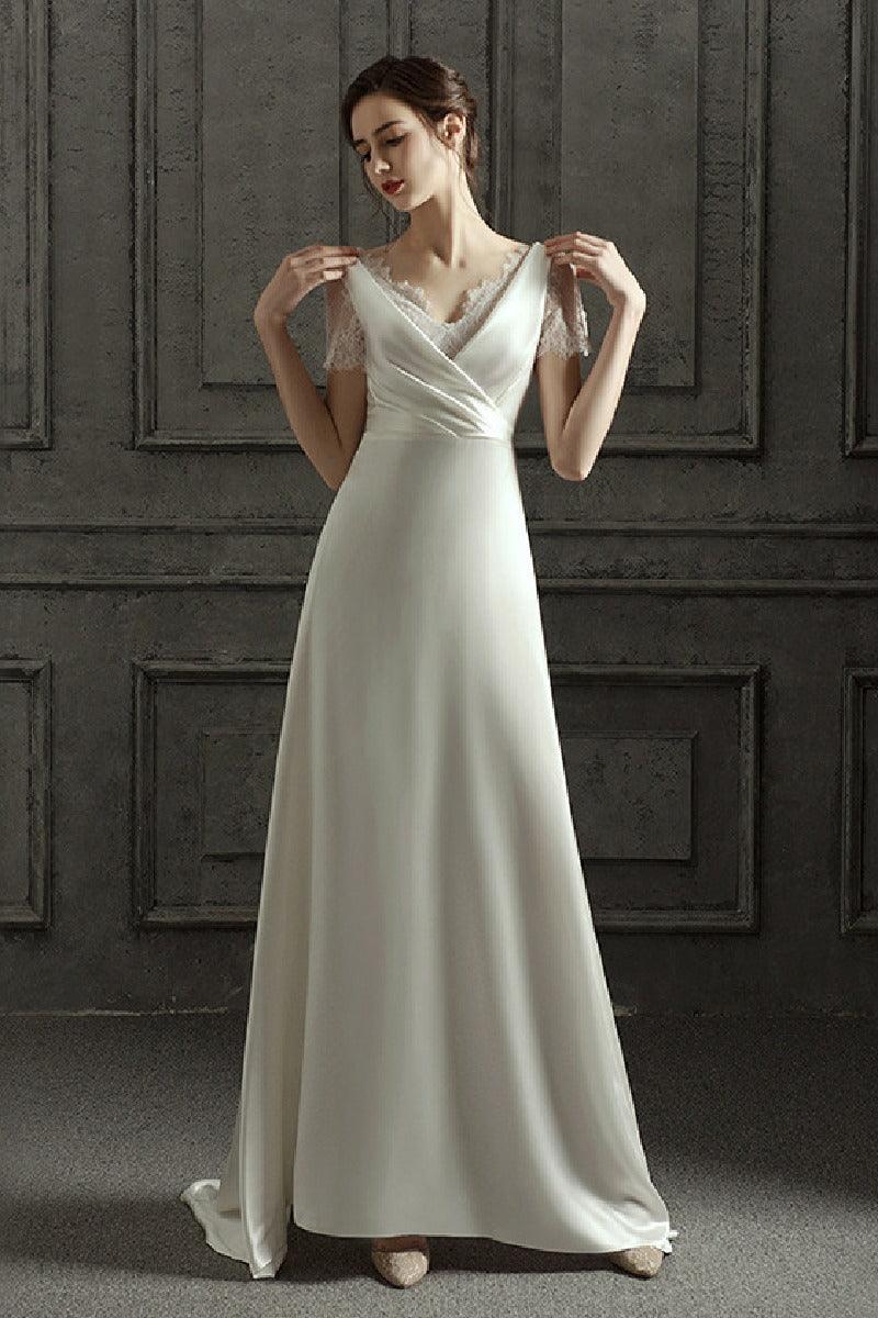 A-Line Sweep-Brush Train Satin Wedding Dress 687832654102 - COCOMELODY