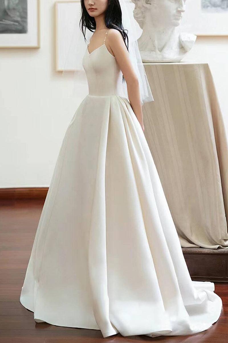 A-Line Sweep-Brush Train Satin Wedding Dress 803828592874 - COCOMELODY