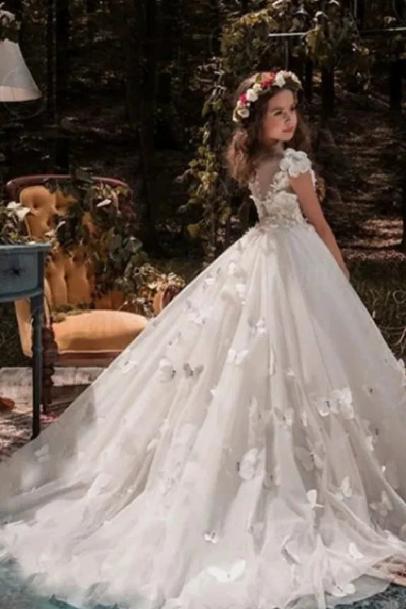 Ball Gown Illusion Neck Cap Sleeve Tulle Court Train Flower Girl Dresses 616972096505