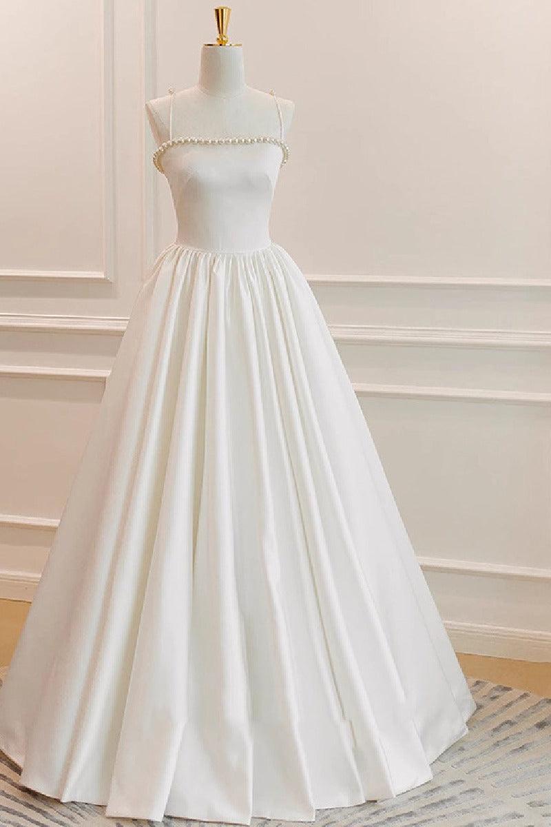 A-Line Floor Length Satin Wedding Dress 752025920874 - COCOMELODY