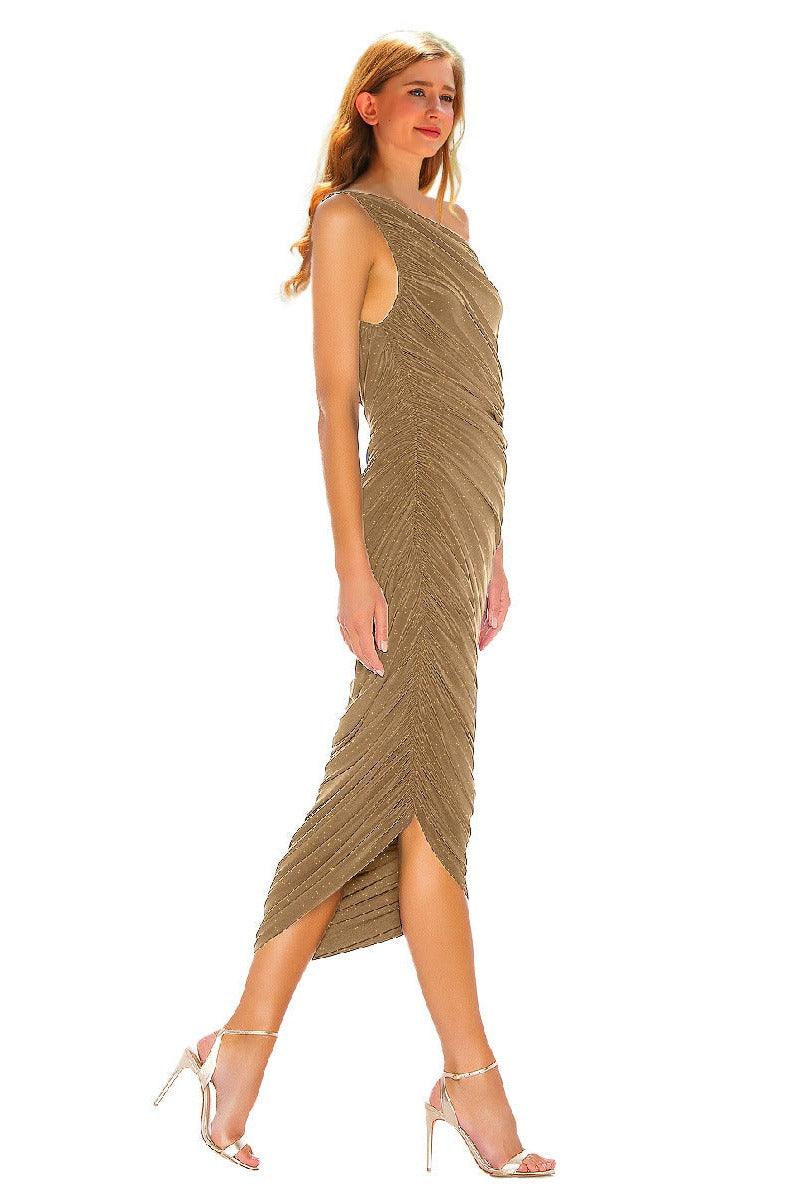 Silver wire pleated oblique shoulder cocktail dress 752479154321 - COCOMELODY