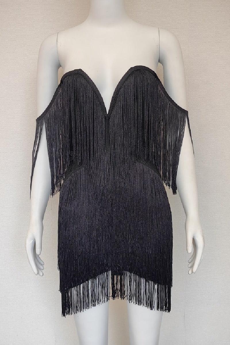 Black bandage dress with shoulder fringe V lead party dress 833532591051 - COCOMELODY