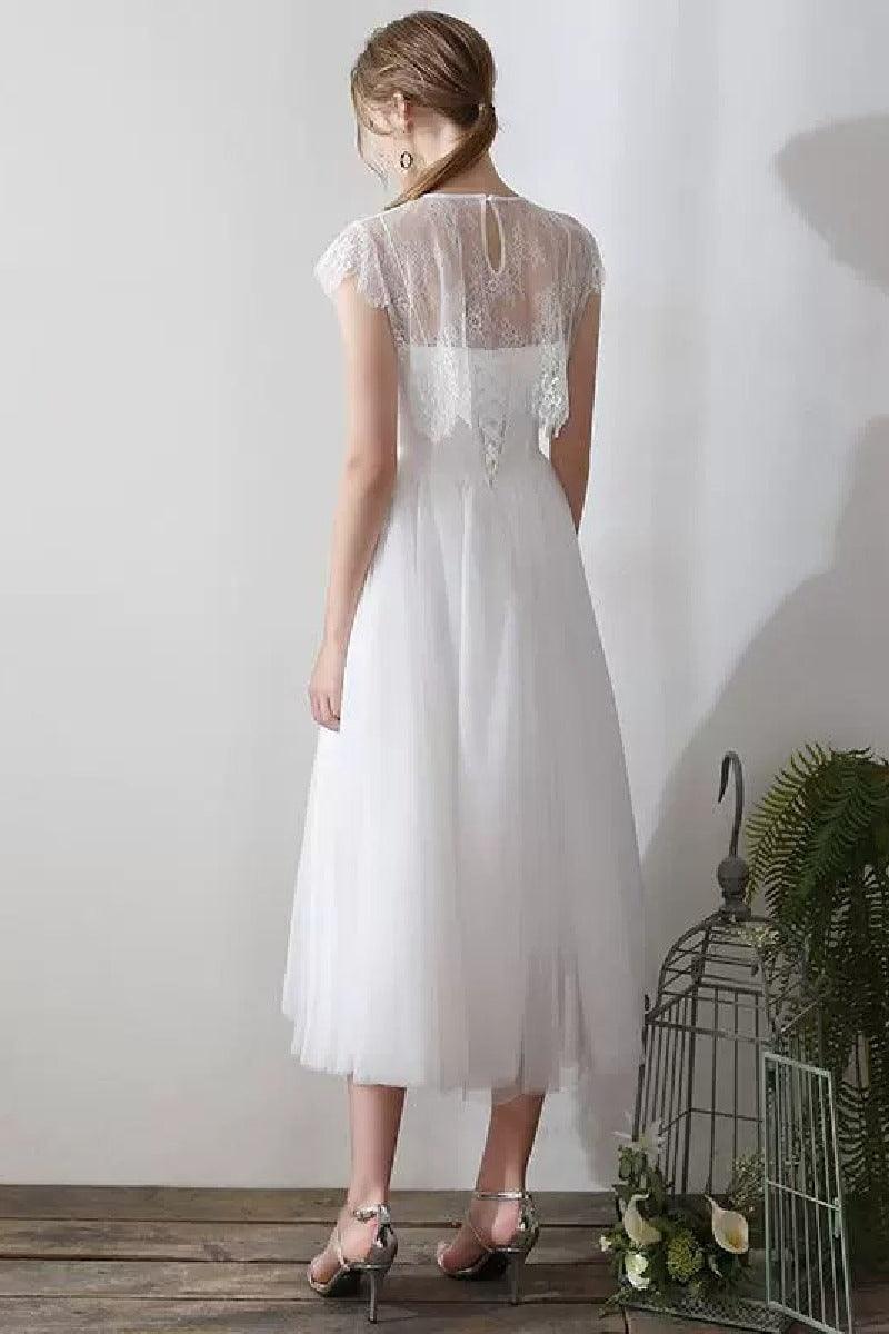 A-Line Tea Length Lace Tulle Wedding Dress 862471719437 - COCOMELODY