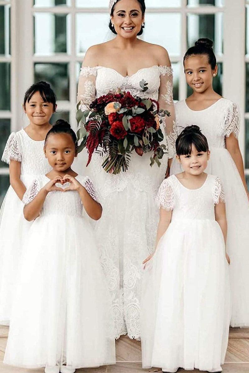 A-Line Scoop Neck Short Sleeve Tulle Maxi Flower Girl Dress 727468954365 - COCOMELODY
