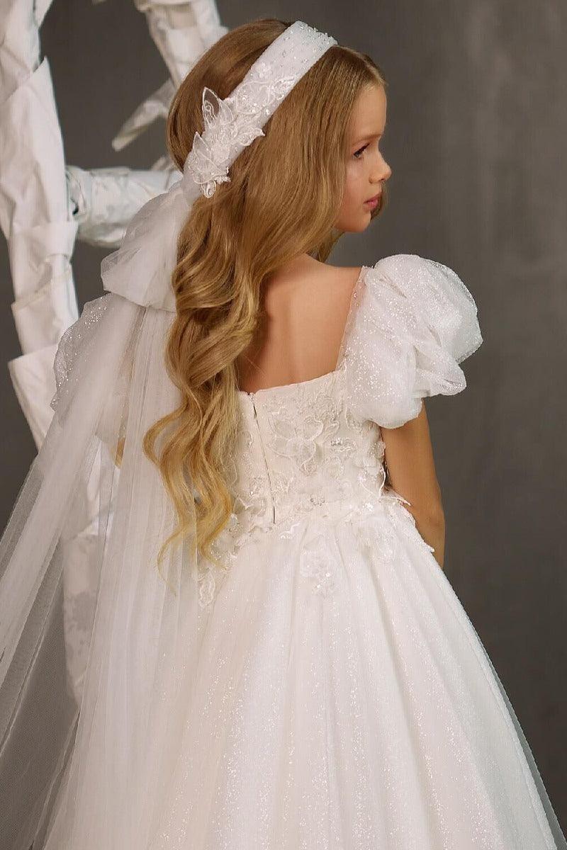 A-Line Square Neck Puff Sleeves Tulle Flower Girl Dresses 748560176475