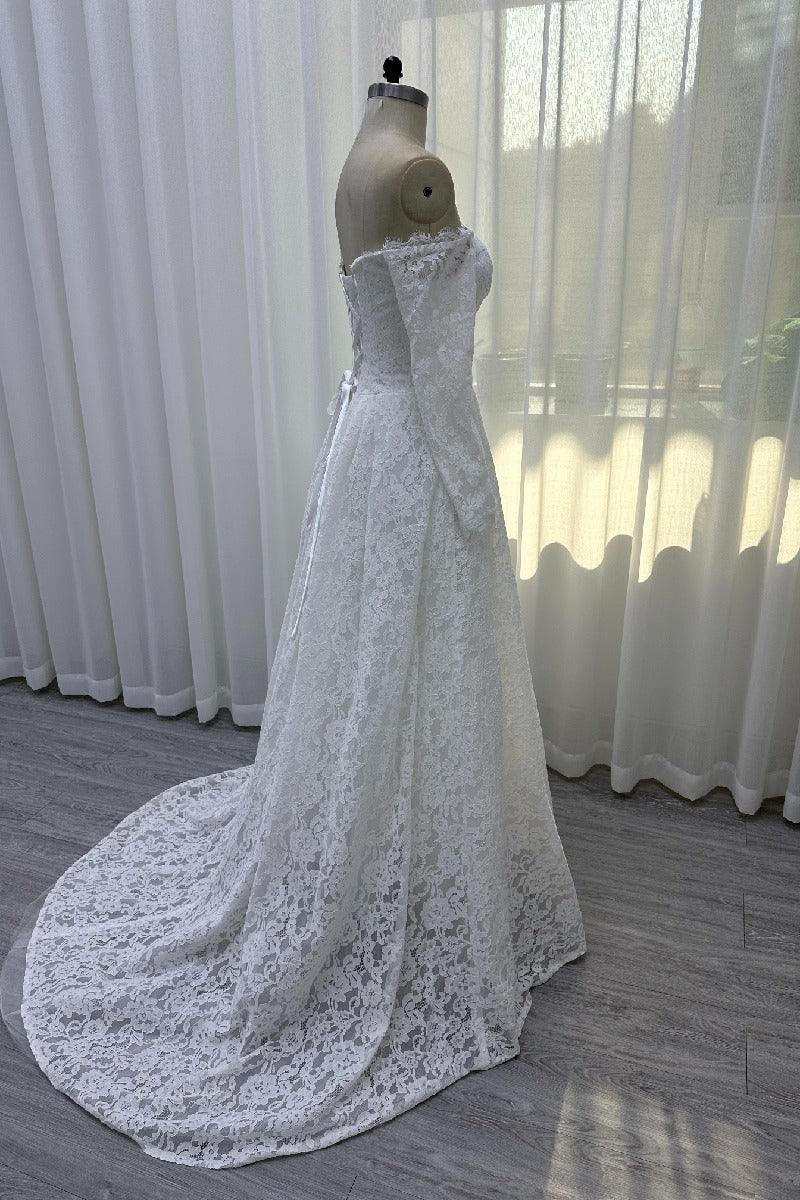 A-Line Sweep-Brush Train Lace Wedding Dress 843985458463 - COCOMELODY