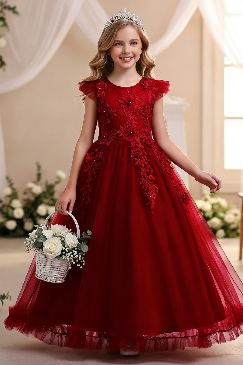 A-Line Round Neck Flutter Cap Sleeve Lace Applique Tulle Floor Length Flower Girl Dresses 1031527052172