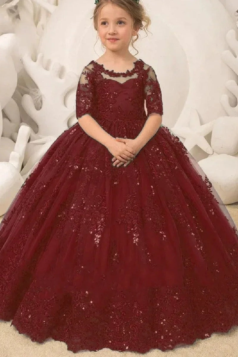 A-Line Illusion Half Sleeve Floor Length Flower Girl Dresses 639993621131