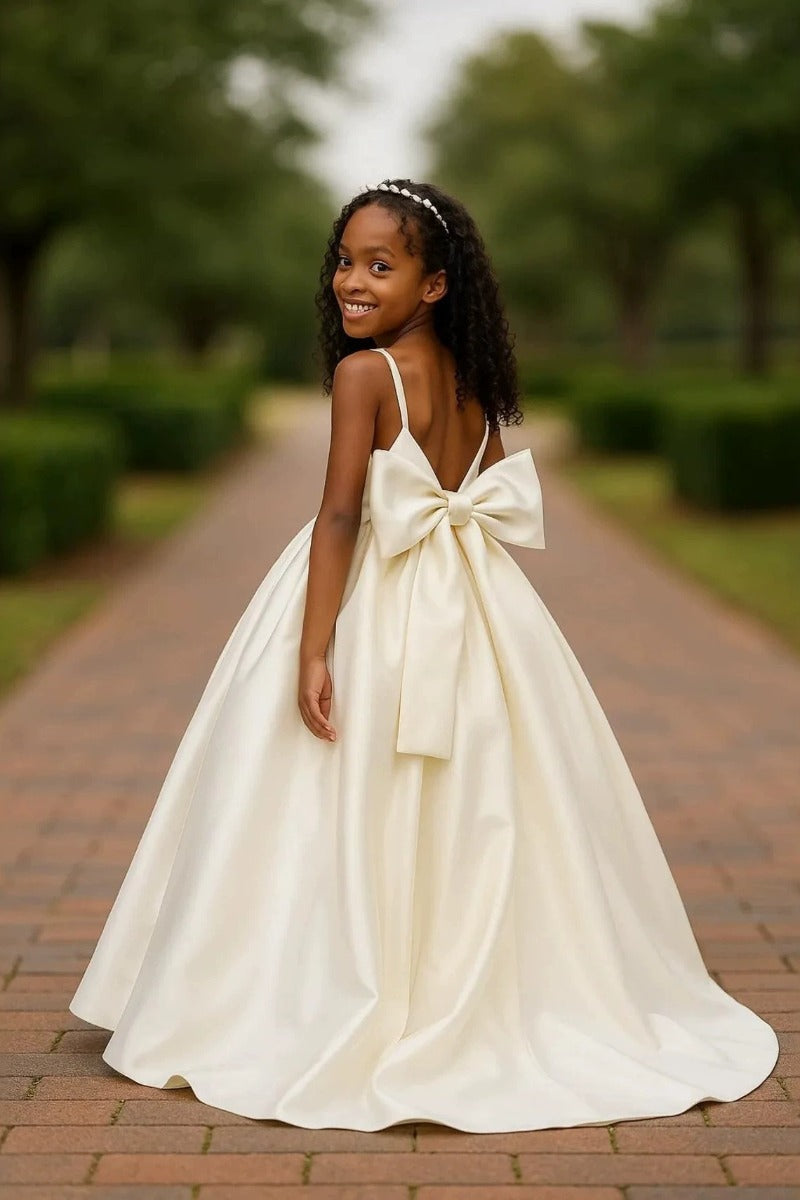A-Line Scoop Neck Thin Strap Satin Gown Back Bow Flower Girl Dresses 1059110372999