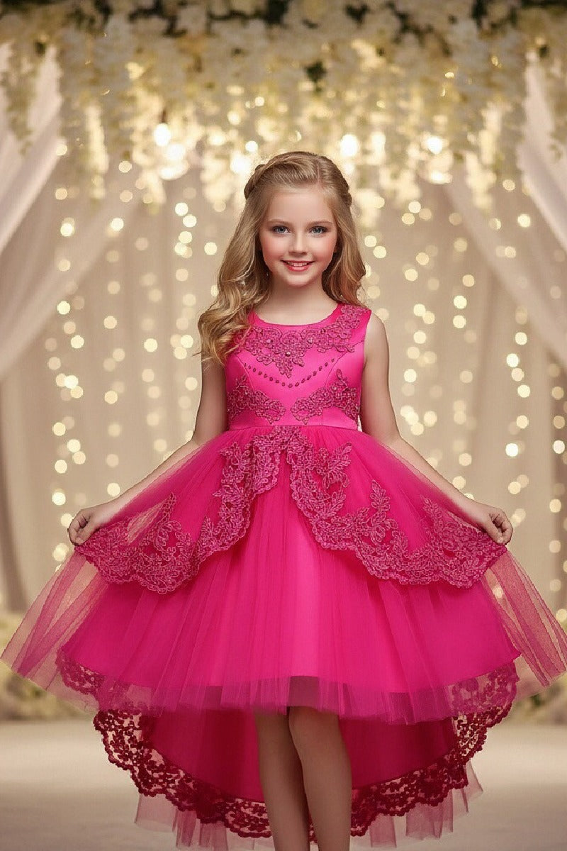 Princess Round Neck Sleeveless Double Layer Lace Overlay Hi-Low Tulle Flower Girl Dresses 1031501196583