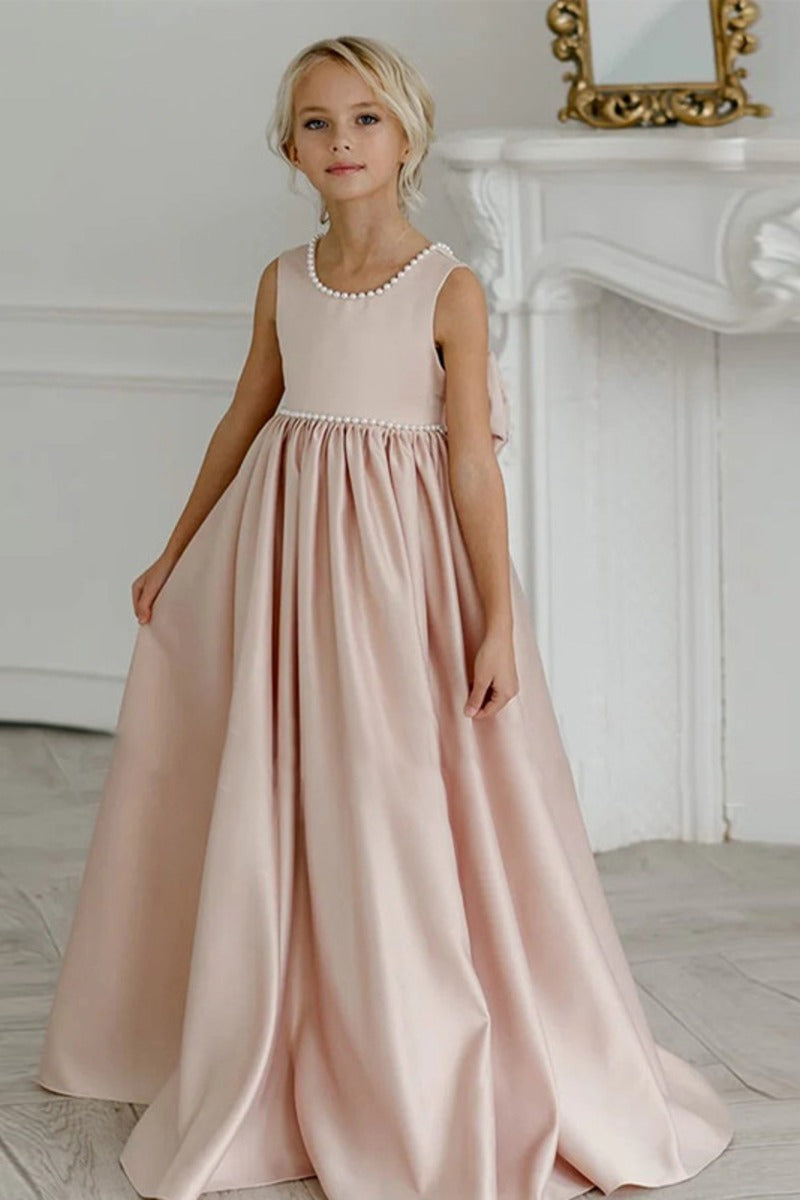 Satin Pearl Trim Deep V-Back Bow Floor Length Flower Girl Dresses 912220986900