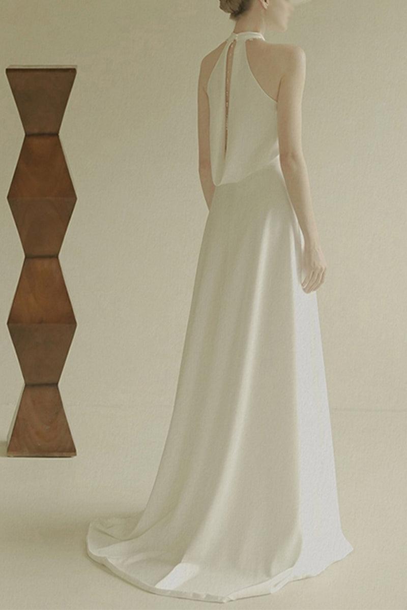 A-Line Sweep-Brush Train Acetate Satin Wedding Dress 655190338774 - COCOMELODY