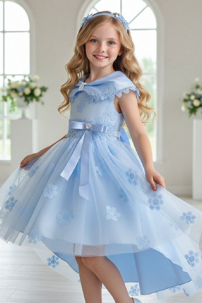 Princess Peter Pan Collar Lace Trim High-Low Floral Tulle Flower Girl Dresses 1030171849352