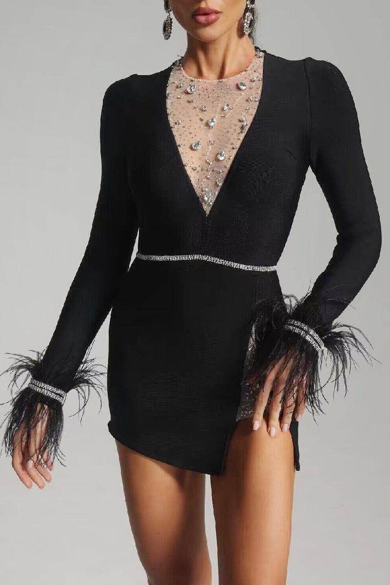 Feathered long sleeve little black dress bandage cocktail dress 799166656038 - COCOMELODY