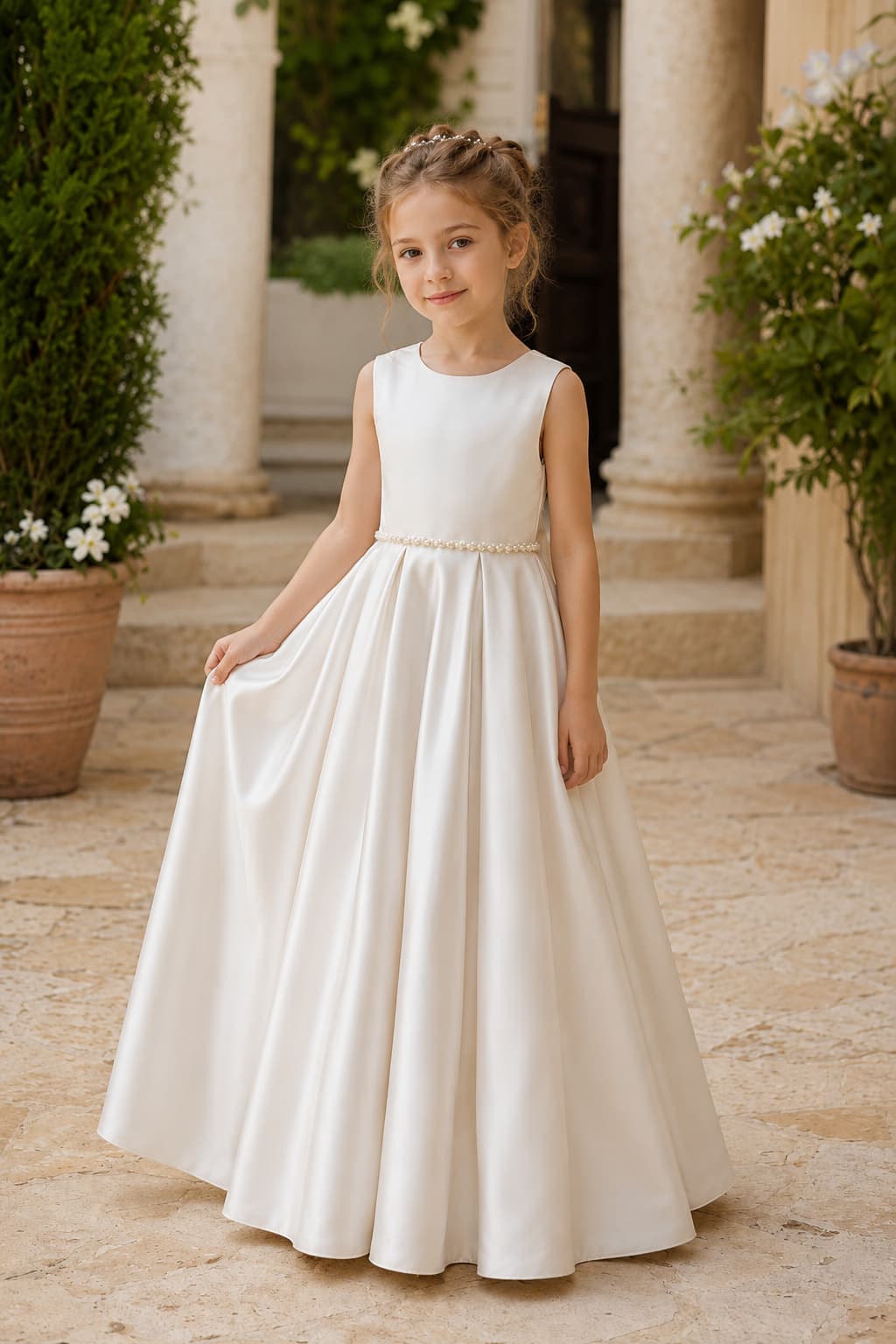 Elegant Satin Pearl Waist Pleated Skirt Bow Back Flower Girl Dresses 807252665221