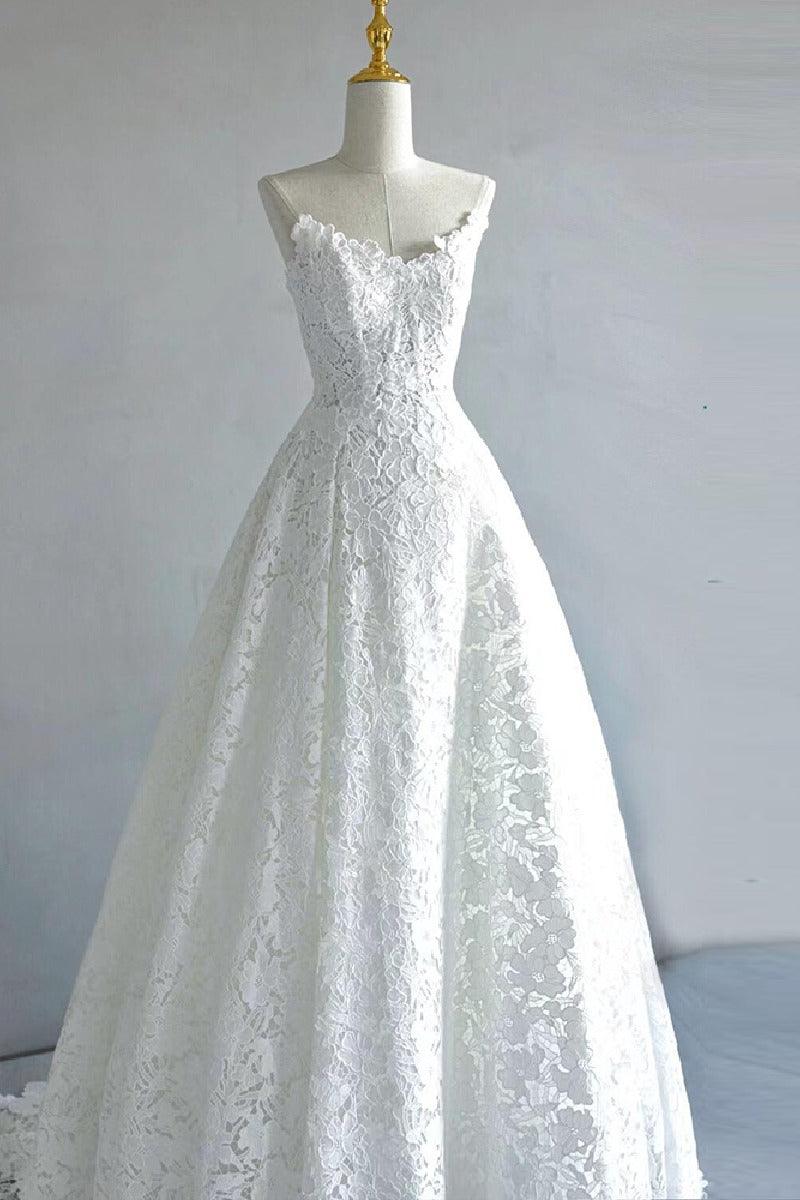 A-Line Sweep-Brush Train Lace Wedding Dress 828423890551 - COCOMELODY