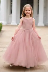 Satin Sleeveless Round Neck V-Back Bow Floor Length Flower Girl Dresses 772100832769