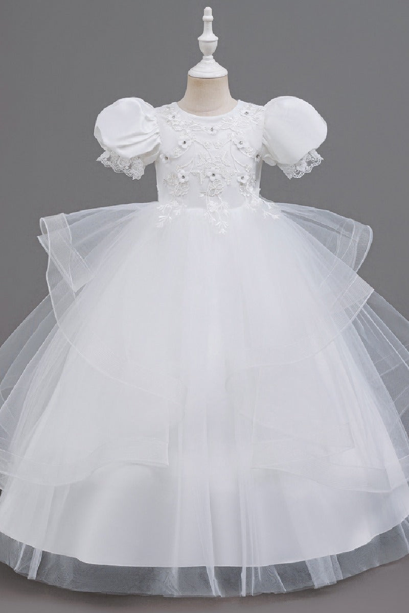 A-Line Round Neck Puff Short Sleeve Ruffled Tulle Floor-Length Flower Girl Dresses 1048500986721