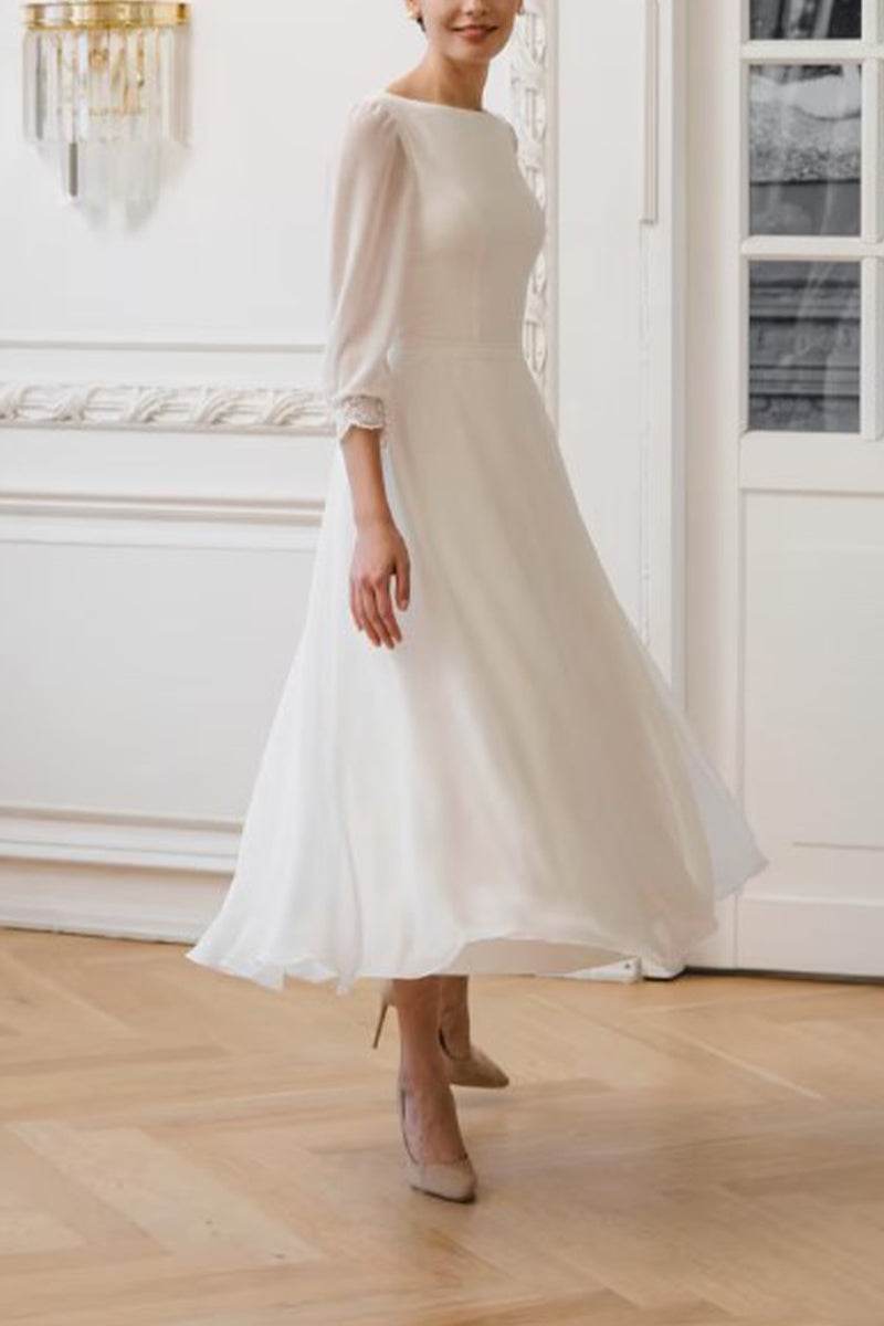 A-Line Tea Length Lace Chiffon Little White Dress 100041 - COCOMELODY