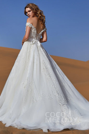 A-Line Chapel Train Tulle and Lace Wedding Dress LD5812 - COCOMELODY