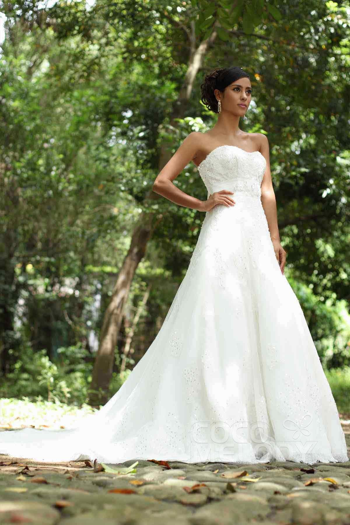 A-Line Chapel Train Tulle Wedding Dress Alb12285 - COCOMELODY