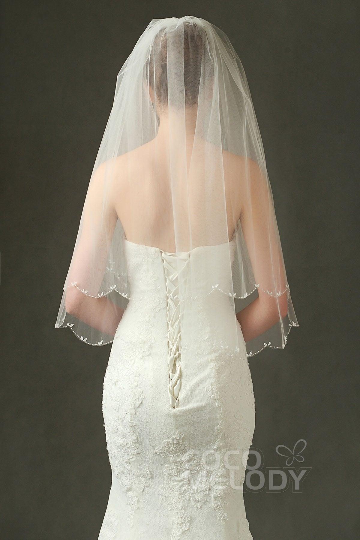 Two-tier Beaded Edge Tulle Elbow Veils with Beading AV160018 - COCOMELODY