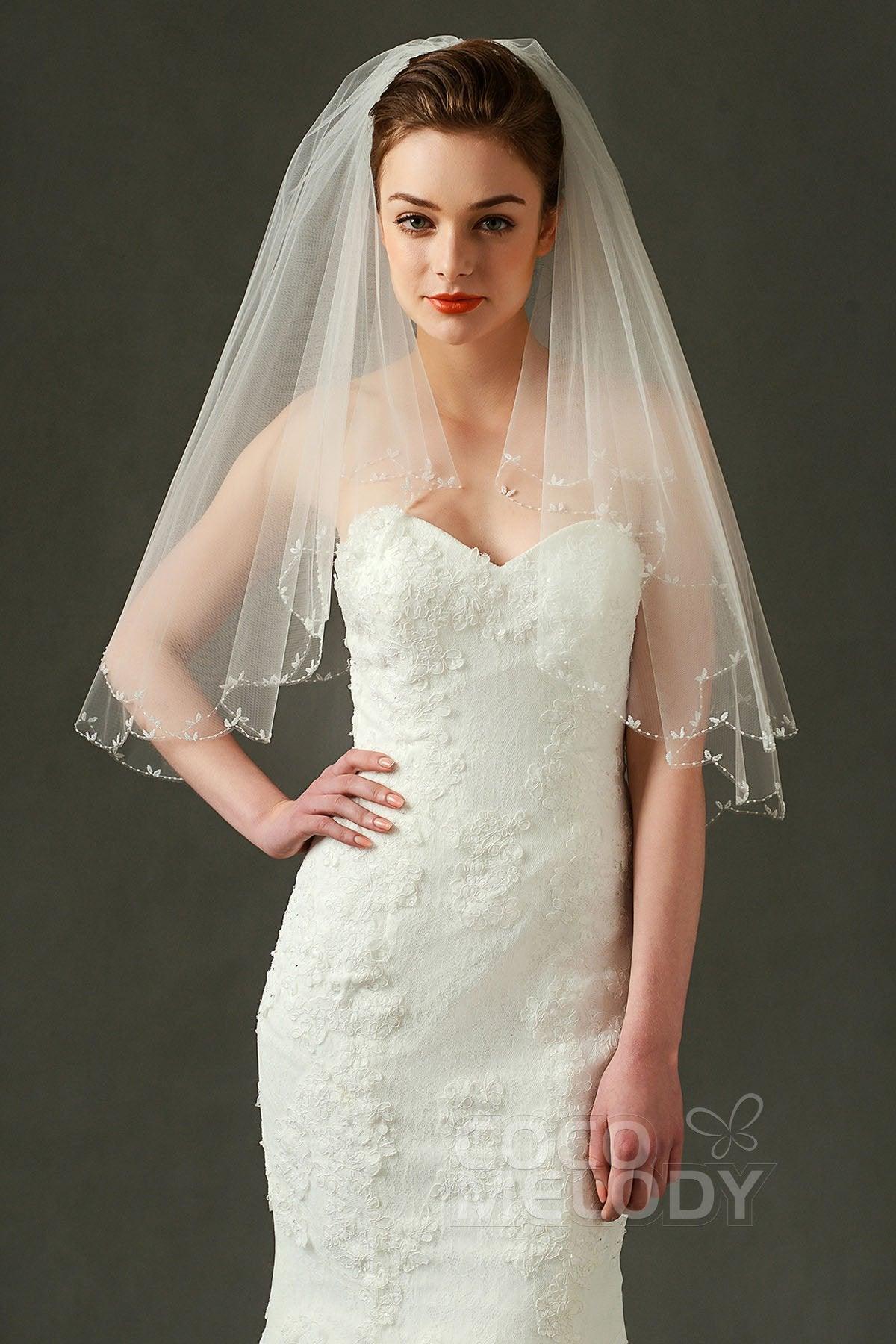 Two-tier Beaded Edge Tulle Elbow Veils with Beading AV160018