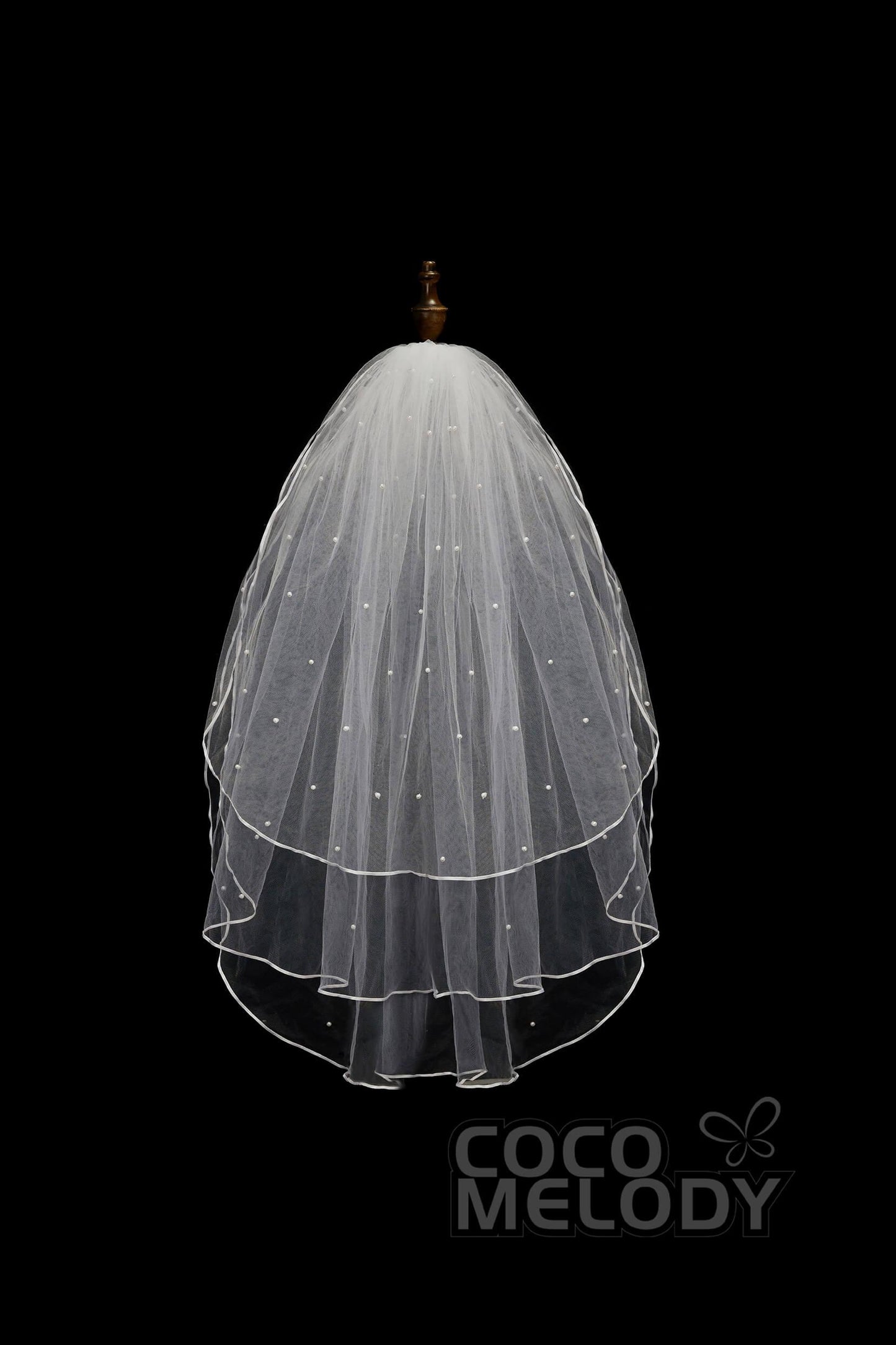 Three-tier Ribbon Edge Tulle Hip Veils with Pearls AV18009 - COCOMELODY