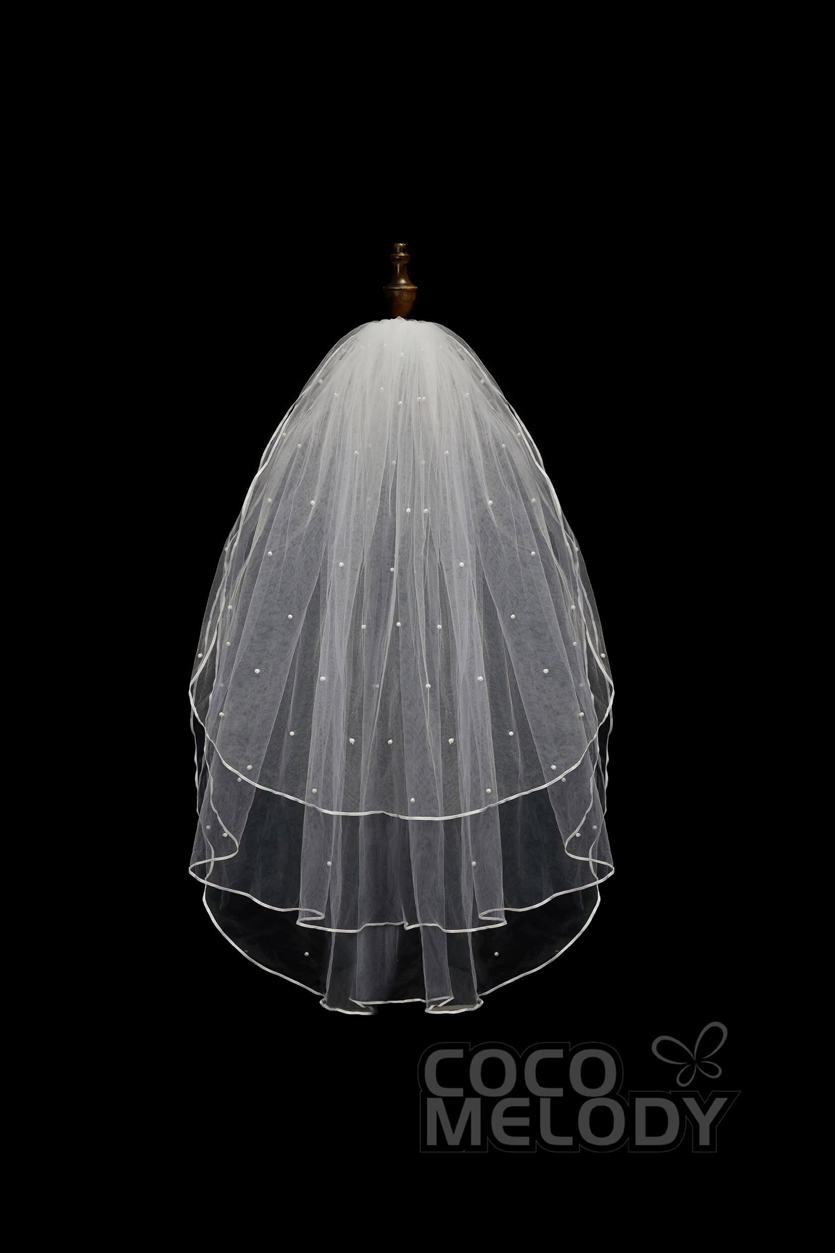 Three-tier Ribbon Edge Tulle Hip Veils with Pearls AV18009 - COCOMELODY