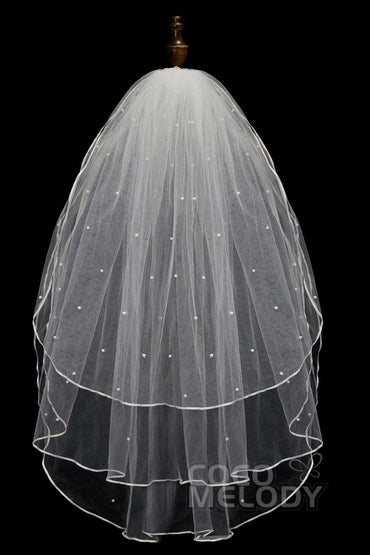 Three-tier Ribbon Edge Tulle Hip Veils with Pearls AV18009